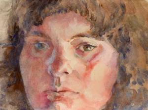 Watercolor painting of a young woman's face