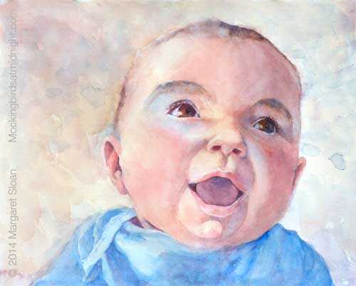 Watercolor of laughing baby