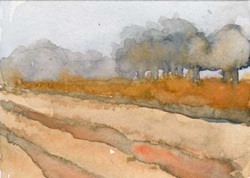 Fallow field 3.5" x 2.5" watercolor in Strathmore Mixed Media Journal