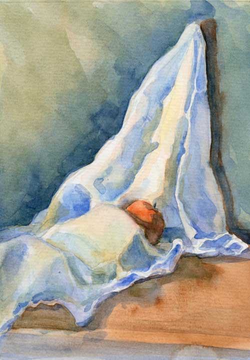 White dishcloth with orange Watercolor on #140 Canson cold press