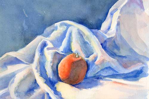 Watercolor painting of dishcloth and orange